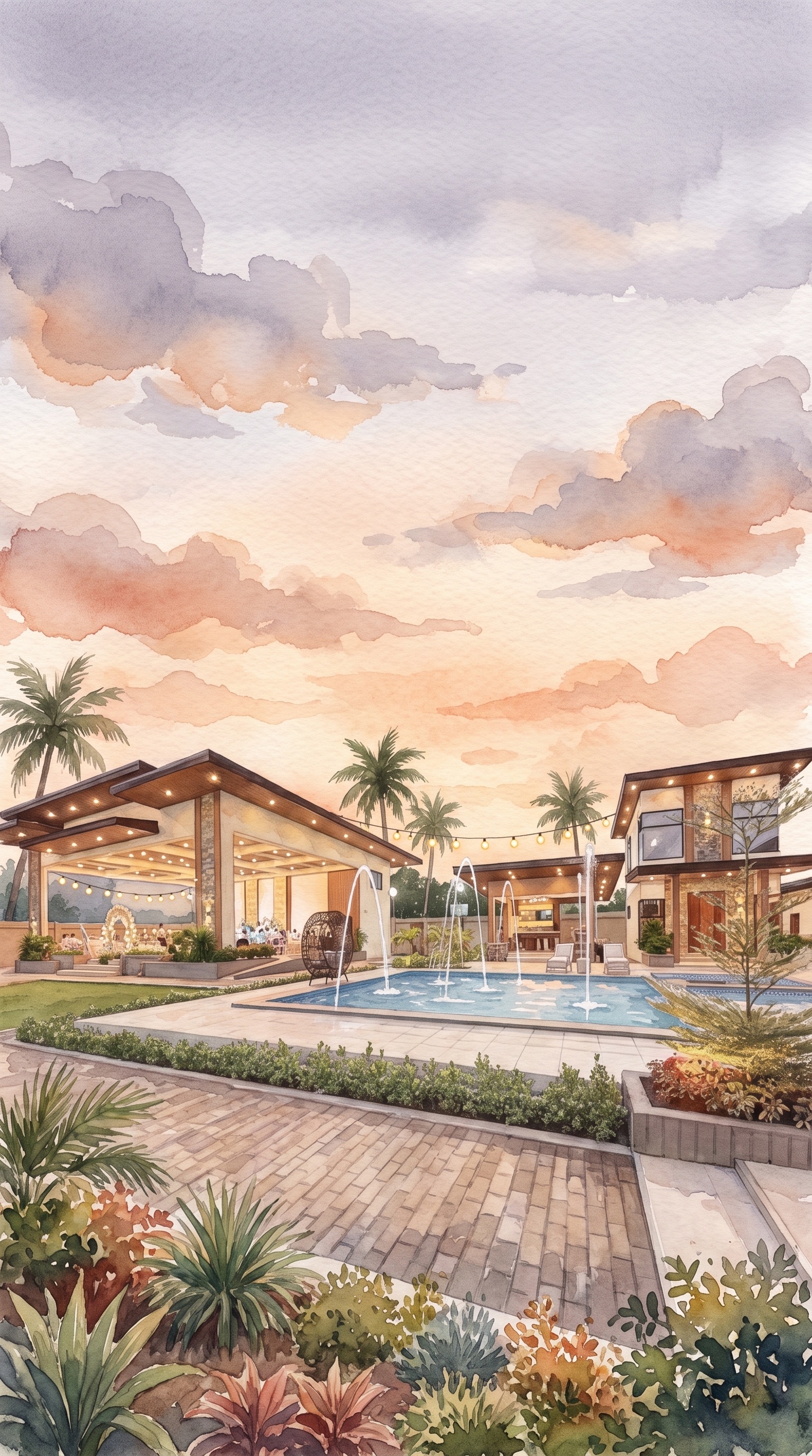 Watercolor painting of Casa Gertrude at dusk